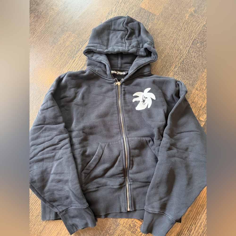 Palm Angels Black Zip-Up Hoodie with White Logo
